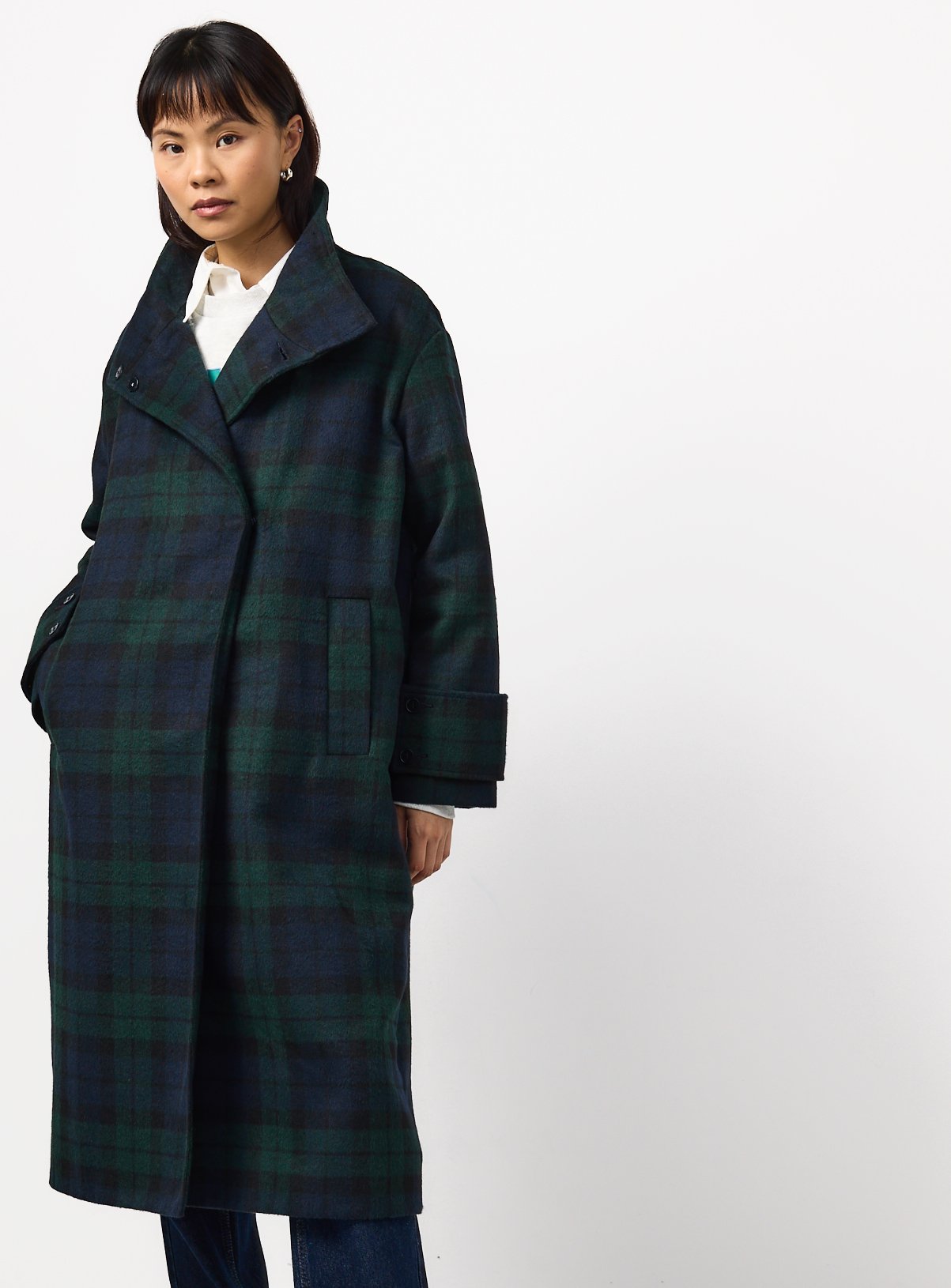 Navy Funnel Neck Check Coat XS - Image 2 thumbnail